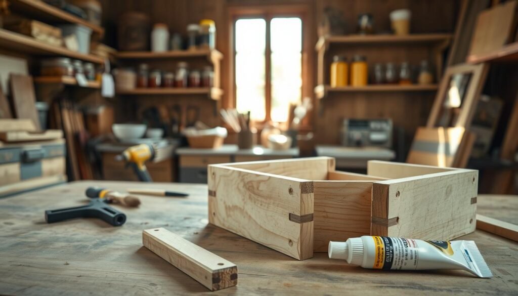 A close-up view of an open wooden hive box assembly on a workbench, showcasing a tube of high-quality wood glue next to the box components. The foreground features the intricate details of the box's wooden joints, with the glue applied in between. In the middle ground, a rustic workshop with tools like a clamp, saw, and brushes is softly illuminated by natural light streaming through a window. The background shows shelves filled with beekeeping supplies and jars of honey, adding to the atmosphere of a welcoming beekeeping environment. The overall mood is focused and professional, highlighting the importance of using the best glue for sturdy hive construction. The image should be taken from a slightly elevated angle to capture depth and detail effectively.