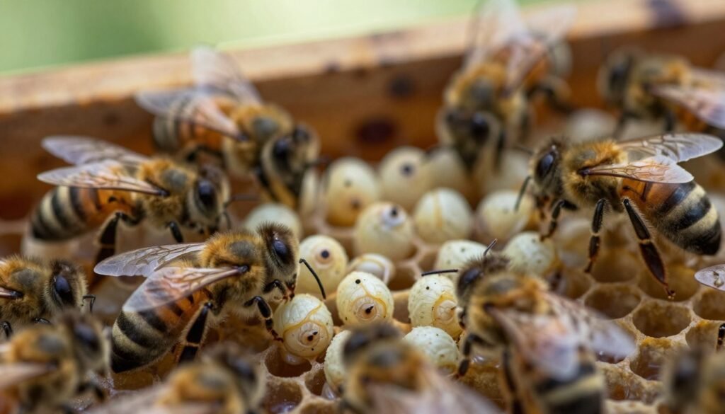 A close-up view of bald brood bees in a beehive setting, showcasing the distinct, hairless larvae affected by brood diseases. The foreground features several bees, their bodies glistening softly in natural light, revealing the delicate textures of their wings and legs. In the middle ground, the cells containing bald brood are clearly visible, displaying the pale, exposed larvae, surrounded by healthy bees tending to them. The background includes blurred honeycomb structure and muted colors to emphasize the focus on the brood. Soft, diffused natural light enters from the top, casting gentle shadows, creating a somber yet informative atmosphere. The angle is slightly tilted to add depth, capturing the urgency of evaluating brood health without any distractions.