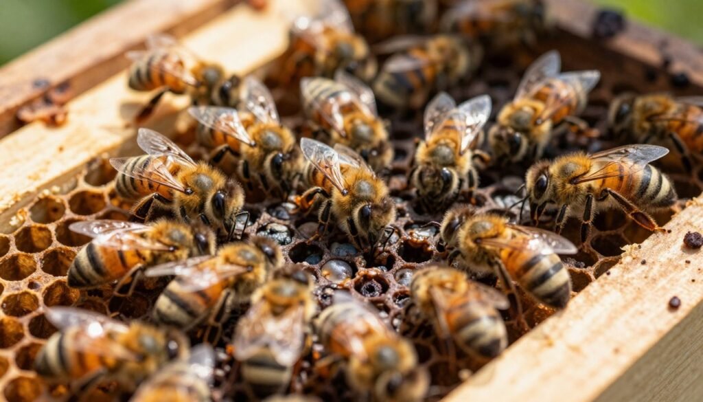 A close-up view of bee brood cells showing signs of foulbrood disease, with darkened, sunken, and rotten larvae within the hexagonal wax cells. The bees surrounding the brood exhibit signs of distress, with some appearing to be lethargic and disoriented. The foreground features vibrant, healthy bees contrasted against the sickly brood. In the background, a blurred hive structure is present to indicate their environment, softly illuminated by warm, natural sunlight filtering through a nearby opening. The overall mood conveys a sense of urgency and concern as the viewer gains insight into the devastating effects of brood diseases on the apiary. The composition should highlight the stark difference between healthy and infected larvae, emphasizing the need for immediate identification and treatment.