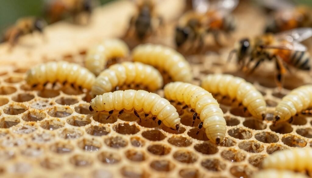 A close-up view of bee brood larvae nestled in a honeycomb cell, showcasing their creamy, pale yellow color with a subtle sheen. The foreground features intricate details of the wax comb structure, highlighting the hexagonal patterns and tiny textures. In the middle ground, several larvae are depicted, some curled and others stretching, indicating their active development stage. The background blurs gently to create a soft focus on a typical hive setting, with hints of blurred worker bees in muted colors, suggesting a functioning hive atmosphere. The lighting is warm and natural, simulating sunlight filtering into the hive, casting gentle shadows that enhance the texture of the larvae. The overall mood is one of wonder and caution, reflecting the importance of understanding bee health and wellbeing. A close-up view of bee brood larvae nestled in a honeycomb cell, showcasing their creamy, pale yellow color with a subtle sheen. The foreground features intricate details of the wax comb structure, highlighting the hexagonal patterns and tiny textures. In the middle ground, several larvae are depicted, some curled and others stretching, indicating their active development stage. The background blurs gently to create a soft focus on a typical hive setting, with hints of blurred worker bees in muted colors, suggesting a functioning hive atmosphere. The lighting is warm and natural, simulating sunlight filtering into the hive, casting gentle shadows that enhance the texture of the larvae. The overall mood is one of wonder and caution, reflecting the importance of understanding bee health and wellbeing.