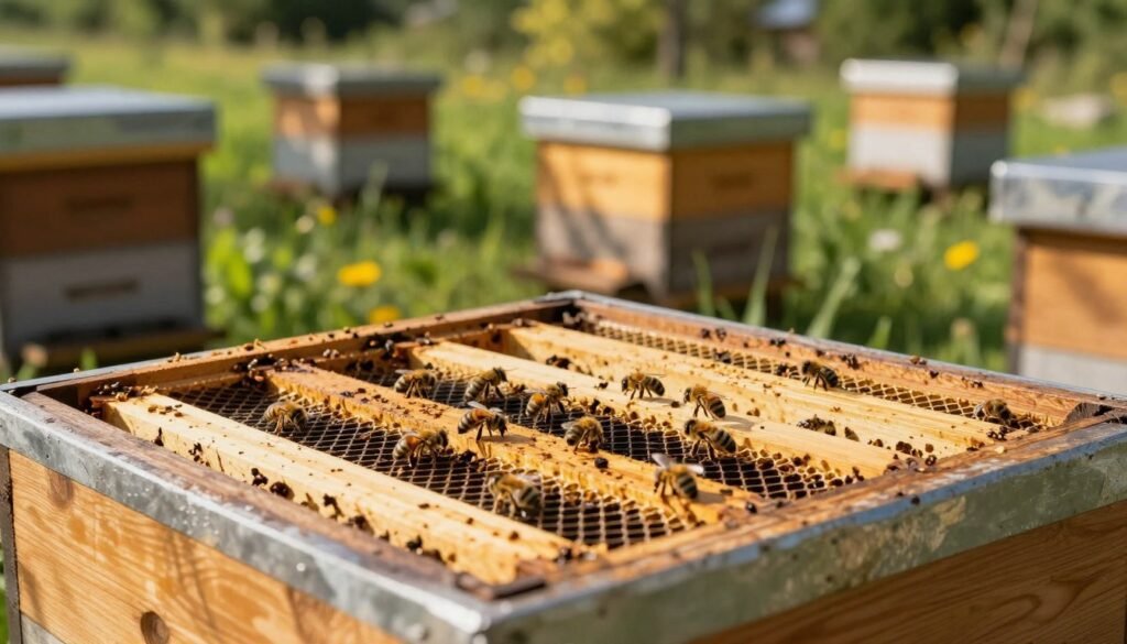 A close-up view of bee hives featuring an innovative inner cover with screened ventilation, emphasizing airflow pathways to enhance hive ventilation. In the foreground, the hive's screened inner cover displays intricate details of the mesh, showcasing bees busily moving around. The middle ground has several hives, their wooden surfaces reflecting warm sunlight, with a vibrant green meadow in the background dotted with flowering plants. Soft, dappled sunlight filters through the trees, creating a serene atmosphere that highlights the importance of ventilation for honey production. The image should mimic a shallow depth of field, focusing on the ventilation system while allowing the background to gently blur, evoking a tranquil, productive environment for bees.