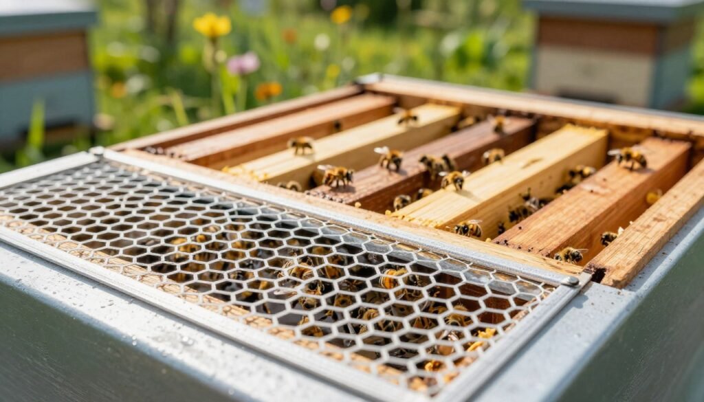 A close-up view of bee-proof ventilation holes designed for beekeeping applications. The foreground features a series of hexagonal ventilation holes crafted from durable mesh, with a light sheen indicating metal or strong plastic materials. In the middle ground, an open beehive made of natural wood showcases its structure, with bees moving around it peacefully, emphasizing functionality and safety. The background includes a vibrant green garden, softly blurred to create depth, with hints of wildflowers that attract bees. The scene is illuminated by warm, natural daylight, capturing a serene and informative atmosphere. The image is taken with a macro lens to focus on the ventilation holes, highlighting their size and effectiveness while maintaining a clean and professional look, void of any distractions. A close-up view of bee-proof ventilation holes designed for beekeeping applications. The foreground features a series of hexagonal ventilation holes crafted from durable mesh, with a light sheen indicating metal or strong plastic materials. In the middle ground, an open beehive made of natural wood showcases its structure, with bees moving around it peacefully, emphasizing functionality and safety. The background includes a vibrant green garden, softly blurred to create depth, with hints of wildflowers that attract bees. The scene is illuminated by warm, natural daylight, capturing a serene and informative atmosphere. The image is taken with a macro lens to focus on the ventilation holes, highlighting their size and effectiveness while maintaining a clean and professional look, void of any distractions.