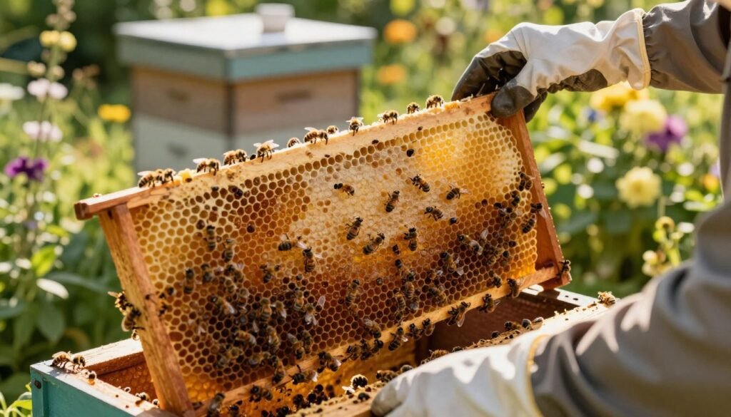 A close-up view of beehive frames in a lush garden setting, featuring detailed honeycomb structures filled with golden honey and busy bees. In the foreground, a pair of gloved hands in modest casual clothing gently examine the frames, ensuring the bees are healthy and thriving. The mid-ground captures the frames well-lit by warm, natural sunlight filtering through soft, green foliage, highlighting the intricate patterns of the honeycomb and the vibrant, bustling activity of the bees. In the background, a serene hive stands surrounded by blooming flowers, enhancing the calm atmosphere of a productive beekeeping day. The overall mood conveys a sense of diligence and care, reflecting the important task of inspecting newly introduced bees.