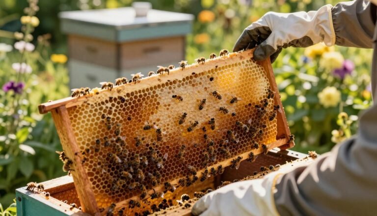 A close-up view of beehive frames in a lush garden setting, featuring detailed honeycomb structures filled with golden honey