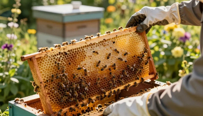 A close-up view of beehive frames in a lush garden setting, featuring detailed honeycomb structures filled with golden honey