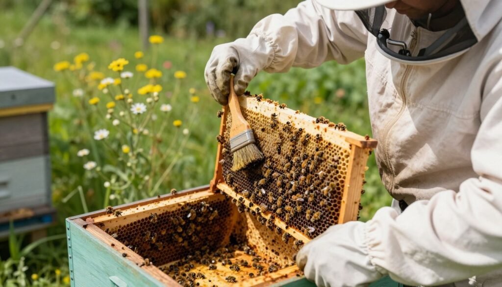 A close-up view of beekeepers in professional attire performing hive cleaning, focusing on the careful removal of debris and residue from hive frames. In the foreground, a beekeeper meticulously inspects a frame covered in bees, using a brush to gently wipe it clean. Their gloved hands are steady and methodical. In the middle ground, a wooden beehive is partially open, revealing the intricate structure inside, filled with bees and capped honey cells. The background features a serene outdoor apiary, with lush green grass and blooming wildflowers under bright, soft sunlight that casts gentle shadows. The atmosphere is calm and industrious, evoking a sense of diligence and care in maintaining bee health. Ideal composition from a slightly elevated angle to capture the full action without being intrusive.