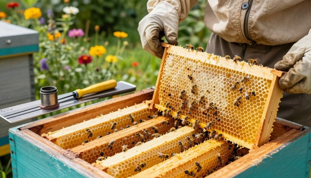 A close-up view of beekeeping frames full of honeycomb in a wooden beehive, showcasing vibrant yellow and gold hues of ripe honey. In the foreground, an expert beekeeper, dressed in light-colored, modest casual clothing, carefully inspects a frame with bees buzzing around. The bees are actively working, while some frames are slightly angled to display their contents. In the middle ground, tools like a hive tool and smoker rest nearby, indicating the practical aspect of the process. The background features a lush garden with colorful flowers that attract bees, illuminated by soft, natural sunlight filtering through leaves. The atmosphere is serene and focused, capturing the meticulous nature of assessing honey ripeness for extraction.