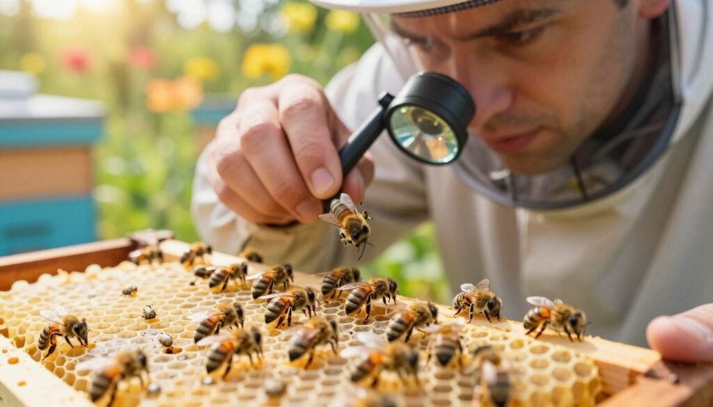 A close-up view of bees meticulously counting varroa mites in a well-lit apiary setting. In the foreground, a cluster of bees is shown perched on a honeycomb, with a few varroa mites clearly visible. In the middle ground, a beekeeper in modest casual clothing is gently examining a frame, using a jeweler's loupe to focus on the mites, radiating concentration and care. The background features a blurred hive with vibrant floral elements, and soft sunlight filtering through leaves, creating a warm and inviting atmosphere. The overall mood is one of diligence and precision, highlighting the critical nature of mite counting in beekeeping. Focused, detailed, bright lighting enhances the intricate details of the scene. A close-up view of bees meticulously counting varroa mites in a well-lit apiary setting. In the foreground, a cluster of bees is shown perched on a honeycomb, with a few varroa mites clearly visible. In the middle ground, a beekeeper in modest casual clothing is gently examining a frame, using a jeweler's loupe to focus on the mites, radiating concentration and care. The background features a blurred hive with vibrant floral elements, and soft sunlight filtering through leaves, creating a warm and inviting atmosphere. The overall mood is one of diligence and precision, highlighting the critical nature of mite counting in beekeeping. Focused, detailed, bright lighting enhances the intricate details of the scene.
