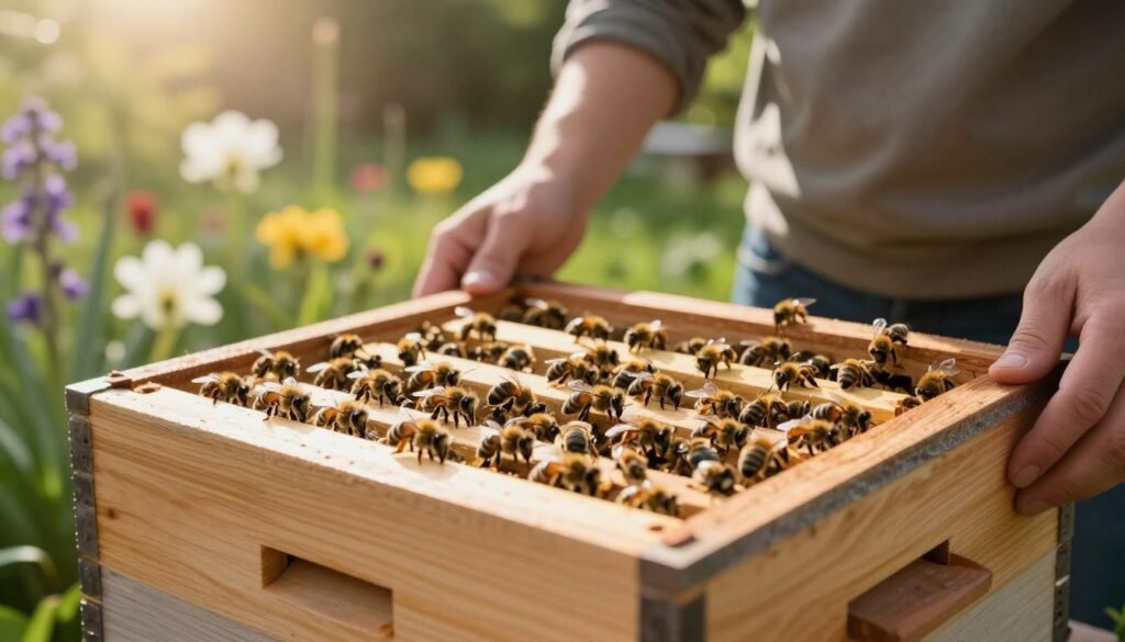 A close-up view of bees safely transported in a well-ventilated wooden nuc box, nestled among protective padding to prevent movement. The foreground captures delicate details of the bees, with some buzzing around the entrance of the box, showcasing their natural colors of black and gold. In the middle ground, a professional individual in modest casual clothing gently holding the nuc box, ensuring its stability with a calm and focused expression. The background is a sunlit garden setting with blooming flowers and greenery, creating a serene atmosphere. Soft, warm lighting beams down, casting gentle shadows, evoking a sense of care and attention. The angle is slightly low, emphasizing the bees’ safe journey while capturing the tranquility of the moment in nature. A close-up view of bees safely transported in a well-ventilated wooden nuc box, nestled among protective padding to prevent movement. The foreground captures delicate details of the bees, with some buzzing around the entrance of the box, showcasing their natural colors of black and gold. In the middle ground, a professional individual in modest casual clothing gently holding the nuc box, ensuring its stability with a calm and focused expression. The background is a sunlit garden setting with blooming flowers and greenery, creating a serene atmosphere. Soft, warm lighting beams down, casting gentle shadows, evoking a sense of care and attention. The angle is slightly low, emphasizing the bees’ safe journey while capturing the tranquility of the moment in nature.