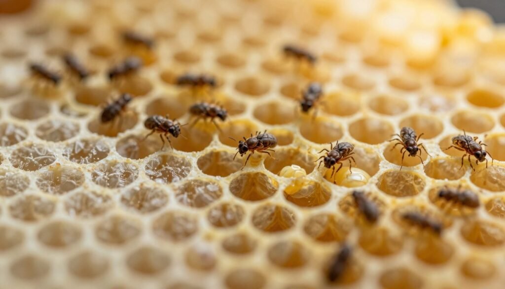 A close-up view of brood cells within a beehive, focusing on their intricate structure. In the foreground, include several capped brood cells, showcasing a range of colors from creamy white to pale yellow, with a translucent cap that reveals the developing larvae inside. The middle ground features a swarm of phoretic mites, depicted with fine detail, scuttling across the surface of the capped cells, illustrating the struggle for space and resources. The background should be softly blurred, emphasizing the golden hues of honey and wax, with beams of warm light filtering through the hive, creating a serene yet tense atmosphere. Use a macro lens perspective to accentuate the textures, with a depth of field that highlights the delicate balance between the mites and their environment.