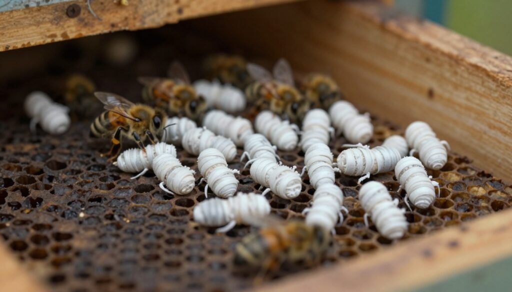 A close-up view of chalkbrood larvae, resembling small, chalky white mummies, nestled among honeycomb cells in a dark, rustic beehive. The foreground highlights the textured surface of the honeycomb, with details of the larvae's distinct appearance prominently displayed. In the middle, some honeybees can be observed tending to the hive, displaying a sense of urgency as they navigate their surroundings. The background includes soft, warm honey-colored wooden textures of the beehive, illuminated by gentle, diffused light that creates a calm yet somber atmosphere. The overall mood evokes a sense of quiet vigilance, emphasizing the differences between pest damage and disease in bee colonies, all captured from a slight angle to enhance depth and focus on the affected areas.