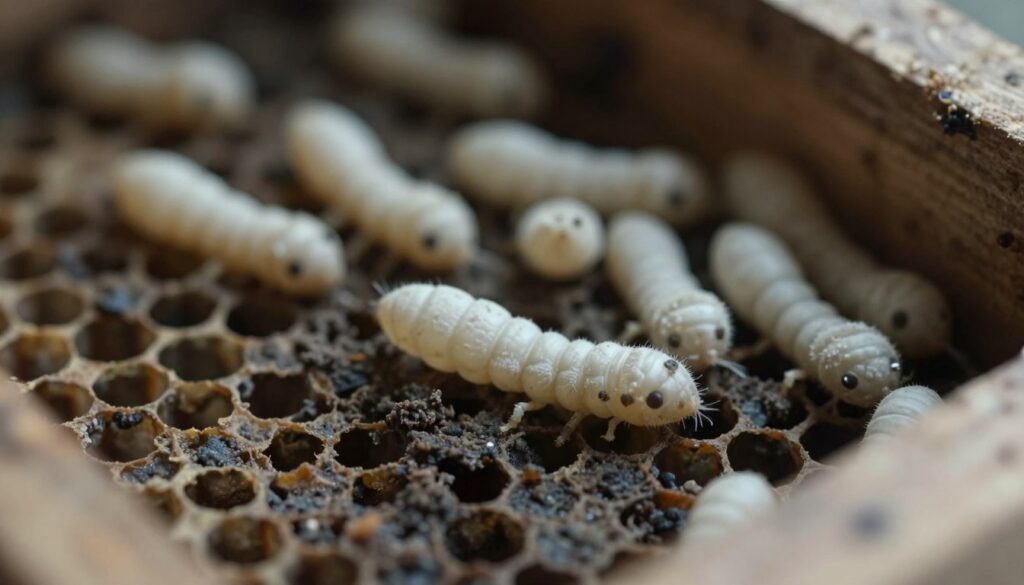 A close-up view of chalkbrood larvae, showcasing their distinctive white, fuzzy texture and elongated shapes, nestled among dark, decaying bee larvae in a honeycomb frame. The foreground features a detailed examination of a single chalkbrood larva, emphasizing its texture against the contrasting backdrop of the surrounding hive environment. In the middle ground, softly blurred honeycomb cells display more infected larvae, creating a somber mood indicative of fungal infection impacts on bee health. The background consists of a dimly lit bee hive, with shadows and muted colors to highlight the seriousness of brood health issues. The lighting is soft and diffused, simulating natural ambient light entering the hive to evoke a sense of caution and concern for the well-being of bee colonies.
