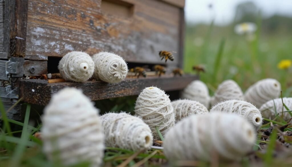 A close-up view of chalkbrood mummies, depicting their distinctive white, mummified appearance, scattered in front of a beehive. The foreground highlights several mummies with textured surfaces and detailed fungal spores visible, showcasing their eerie yet fascinating forms. In the middle ground, a wooden beehive is partially visible, slightly weathered to suggest age, with bees buzzing around, capturing the interactions within their environment. The background consists of soft green grass and blurred flowers, adding a natural touch. The lighting is gentle and diffused, creating a serene atmosphere, reminiscent of early morning light. The camera angle is low and slightly tilted to enhance the dramatic perspective, emphasizing the mummies' presence while keeping the hive in focus. No additional elements or distractions are present, ensuring clarity in the depiction.