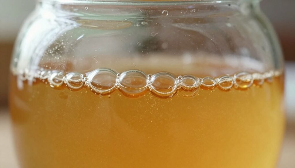 A close-up view of clear air bubbles rising to the surface of golden honey in a glass jar, capturing the delicate movement and light reflecting through the liquid. The foreground shows a cluster of bubbles with fine detail, highlighting the tiny surfaces and refracted light, while the middle ground features the smooth, viscous texture of honey. In the background, slightly blurred, a softly illuminated kitchen setting is visible with warm, natural light filtering in, creating a serene atmosphere. The image should evoke a sense of tranquility and clarity, emphasizing the process of managing air bubbles. Shoot with a macro lens to enhance the details, ensuring a crisp focus on the bubbles against the soft backdrop.