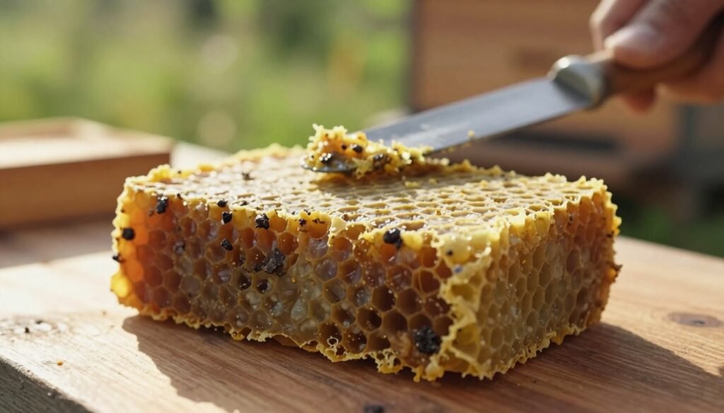 A close-up view of contaminated beeswax, showcasing its uneven texture and discoloration, reflecting a mix of browns, yellows, and dark flecks. In the foreground, a chunk of beeswax with visible impurities and surface irregularities is placed on a wooden surface. The middle ground features a beekeeper's tool, such as a knife, for scraping off the top layer of contaminated wax. In the background, soft-focus details of bee hives and natural greenery provide context. Warm, diffused sunlight streams in from the left, creating gentle shadows and highlighting the wax's imperfections. The mood is tranquil yet informative, emphasizing the importance of quality in beekeeping practices.