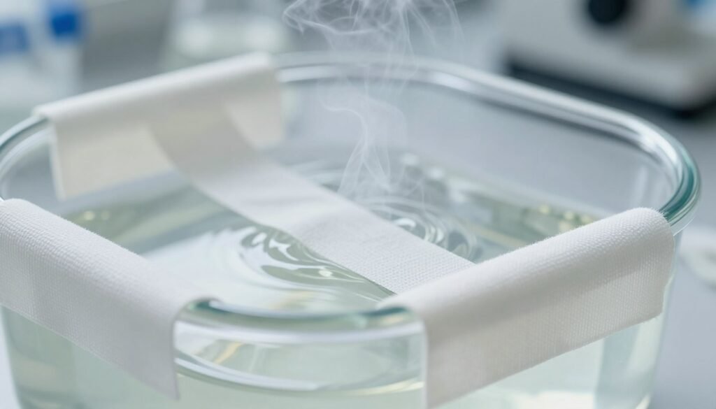 A close-up view of covering strips applied to a laboratory setup, focusing on the vapor release from a basin of formic acid, with subtle wisps of vapor emanating from the edges of the strips. In the foreground, the strips are detailed, showing their textured surfaces and how they seal the edges of a glass container. The middle ground reveals the glass basin filled with formic acid, reflecting soft, natural light. In the background, a sterile lab environment with slightly blurred lab equipment enhances the scientific atmosphere. The lighting is bright and even, highlighting the contrast between the covering strips and the clear liquid, creating a focused yet serene mood, suitable for a professional article.