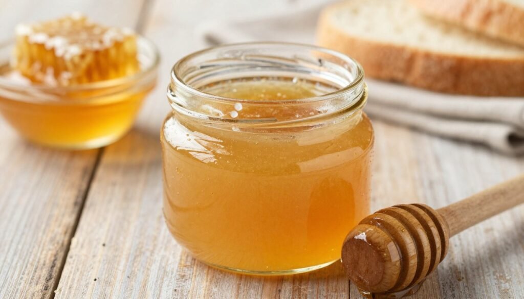 A close-up view of creamed honey in a glass jar, capturing its smooth, thick texture and light golden hue. The honey should be slightly glistening, reflecting soft natural light, which creates a warm and inviting atmosphere. In the foreground, a wooden honey dipper rests gracefully against the jar, showcasing the creamy consistency as it drips slowly. In the middle ground, a rustic wooden table enhances the natural feel, with subtle grain details. In the background, soft-focus kitchen elements like a bowl of honeycomb and fresh bread evoke a cozy, culinary setting. The overall mood is warm and appetizing, ideal for highlighting the unique texture of creamed honey in culinary uses.