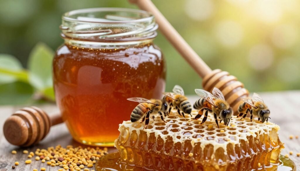 A close-up view of dark honey glistening in a glass jar, highlighting its rich, amber color and thick texture. The foreground features intricate details of the honeycomb structure, with bees gently resting on the cells, illustrating their hard work. In the middle ground, scattered pollen grains add a natural touch, and a wooden honey dipper leans against the jar, emphasizing the sweetness of the product. The background fades into a blurred garden scene, with soft sunlight filtering through the leaves, creating a serene and warm atmosphere. The image is illuminated with soft, diffused natural light, capturing the glossy sheen of the honey and the vibrant colors of the setting. The overall mood is peaceful and nurturing, representing the synergy between bees and their honey.
