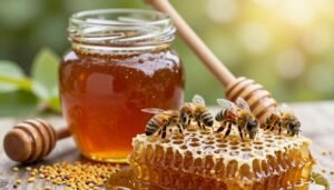 A close-up view of dark honey glistening in a glass jar, highlighting its rich, amber color and thick texture