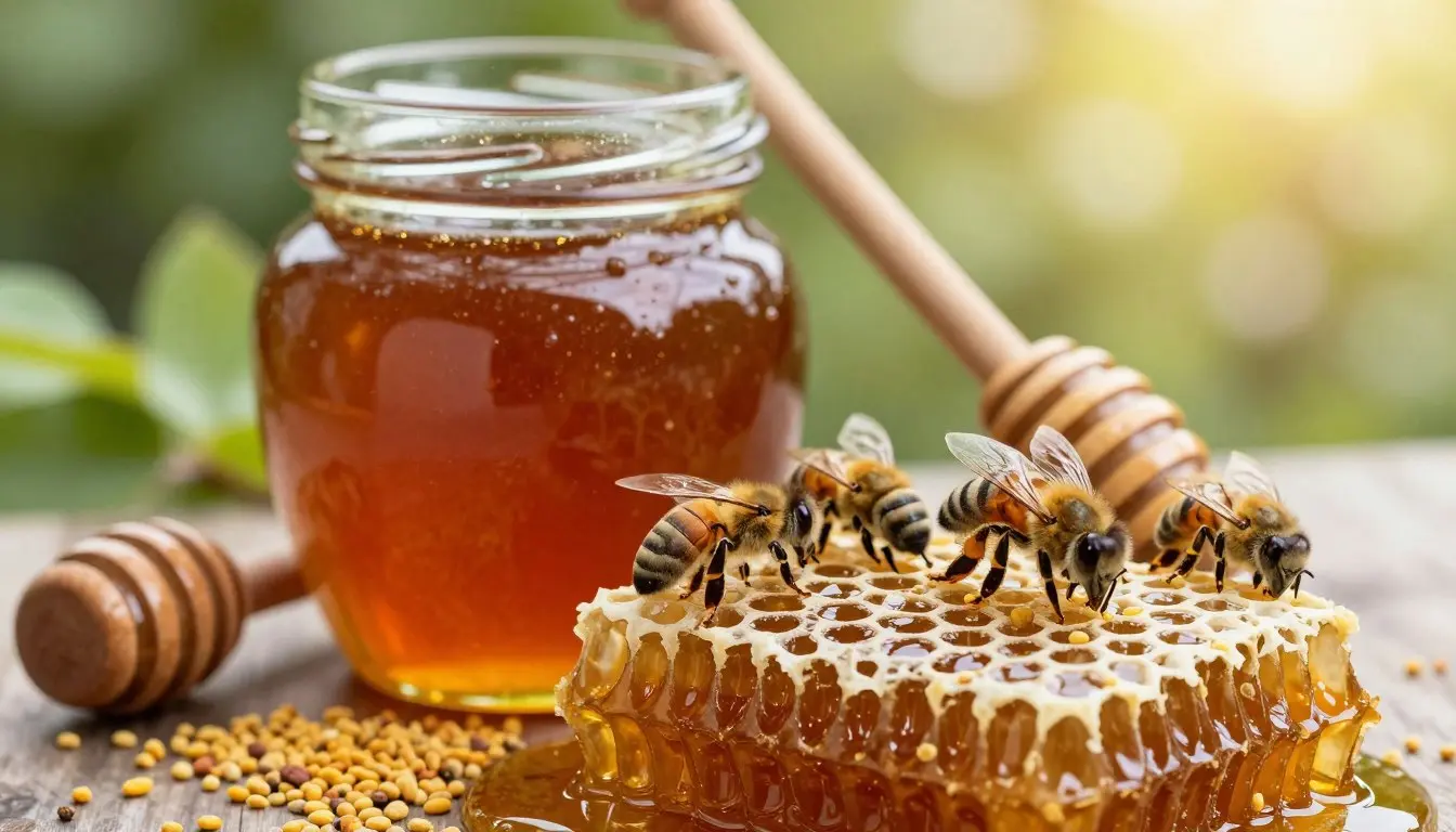 A close-up view of dark honey glistening in a glass jar, highlighting its rich, amber color and thick texture