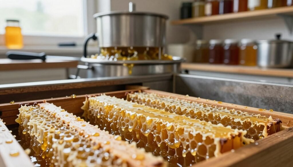A close-up view of draining wax cappings in a well-lit beekeeping workshop. In the foreground, delicate sheets of warm, golden wax are positioned on slanted trays, with droplets of honey cascading off the edges. The middle ground features a stainless steel extractor collecting the wax and honey mixture below, glistening under soft natural light that filters through a nearby window. In the background, shelves lined with glass jars of honey and tools of the trade, such as a hot knife and double boiler, create an organized and busy ambiance. The atmosphere feels cozy and industrious, emphasizing the preparation phase before melting the wax, with an inviting warmth. The image should have a slight depth of field, focusing on the wax cappings in the forefront, with an overall soft, natural color palette.