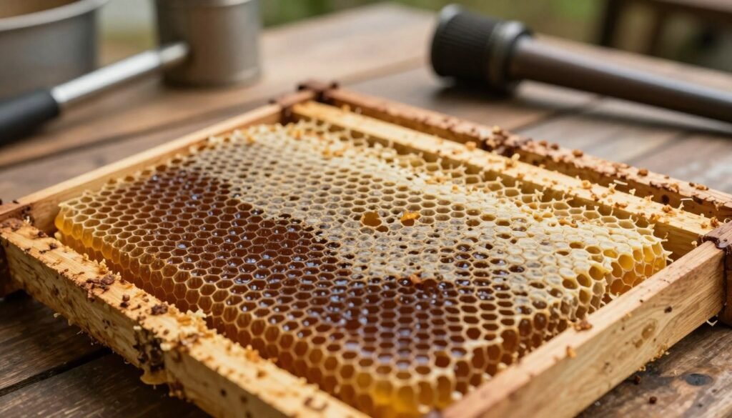 A close-up view of drawn comb honey frames, featuring rich, darkened areas that indicate aging. In the foreground, focus on the textured surface of the comb, showcasing its hexagonal cells filled with golden honey and remnants of brood. The middle ground captures a collection of several frames displayed side-by-side on a rustic wooden table, emphasizing their natural imperfections and aged appearance. In the background, gently blurred beekeeping equipment, such as a smoker and tools, hint at an active apiary. Soft, warm lighting highlights the honey's golden tones, creating a cozy and inviting atmosphere, while a shallow depth of field keeps the frames as the central focus. The overall mood should convey a sense of care and professionalism in beekeeping practices.
