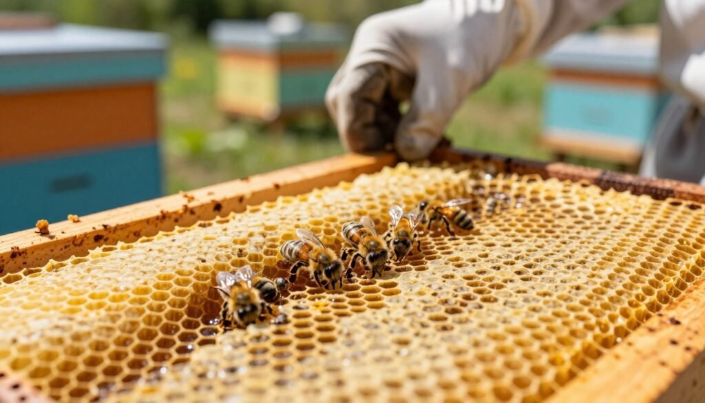 A close-up view of drone brood in a honeycomb frame, where several capped drone cells are prominently displayed, revealing their distinct shape and size. The foreground showcases the rich, golden color of the beeswax alongside the shiny surface of the brood cells. In the middle ground, a beekeeper’s hand in a professional glove gently inspects the comb, highlighted by natural sunlight that creates soft shadows, emphasizing the texture of the honeycomb. In the background, blurred outlines of a vibrant apiary with hives can be seen, adding context without distracting from the main subject. The overall mood is serene and focused, conveying the importance of thorough inspection for successful varroa control.
