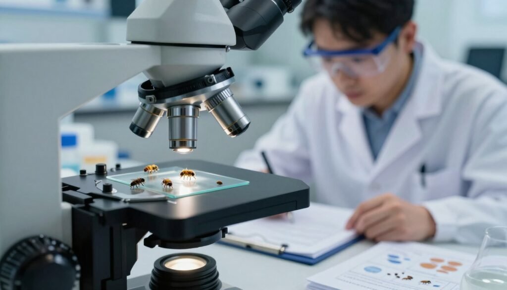 A close-up view of efficacy mites under a microscope, showcasing their intricate details, including body shape and movement. In the foreground, a high-precision microscope with glass slides, illuminated by soft, diffused lighting to enhance the visual complexity of the mites. The middle ground features a researcher, wearing a white lab coat and safety goggles, intently observing the mites' behavior while taking notes on a clipboard. In the background, a laboratory table cluttered with beekeeping research materials and treatment charts. The atmosphere is focused and scientific, with a slight blue hue in the lighting to convey a clean, sterile environment. The image conveys the importance of monitoring and understanding mite behavior in beekeeping.