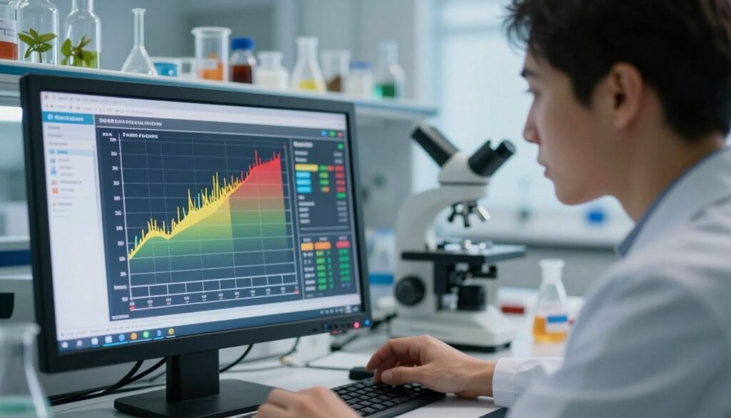 A close-up view of elevated pollen readings displayed on a high-tech digital monitor, illuminated by soft, ambient lighting to create a professional yet inviting atmosphere. The foreground features a clear, detailed screen showing vibrant graphs and data, highlighting spikes in pollen levels with bright colors. In the middle, a researcher in smart casual attire examines the readings, displaying a thoughtful expression as they analyze the data. The background contains blurred visuals of a bright laboratory filled with botanical samples and other scientific equipment, enhancing the context of pollen analysis. The overall mood is focused and analytical, capturing the essence of scientific inquiry during peak pollination season.