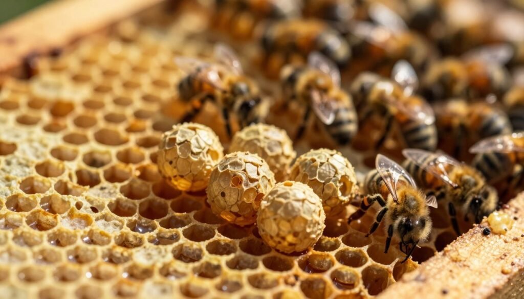 A close-up view of emergency queen cells nestled within a natural honeycomb structure, showcasing their unique oval shape and rich, golden wax color. In the foreground, several queen cells are prominently displayed, with fine details revealing their subtle textures and delicate craftsmanship. The middle ground features honeycomb cells filled with honey and worker bees, busily attending to their environment. The background softly fades into a blurred depiction of a beehive, suggesting a lively colony. The lighting is warm and inviting, simulating sunlight filtering through the hive, casting gentle shadows that emphasize the intricacies of the cells. The atmosphere is one of urgency and vitality, reflecting the critical role these emergency queen cells play within the bee colony.