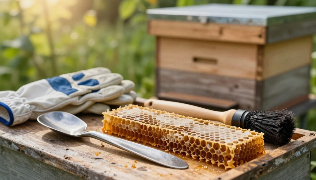 A close-up view of essential beekeeping tools arranged artfully on an old piece of drawn comb. In the foreground, a gleaming hive tool and a bee brush rest alongside a smoker, showcasing their detailed textures against the rustic backdrop of honeycomb. The middle ground features a pair of protective gloves and a bee suit, hinting at readiness for work, while a wooden beehive sits majestically in the background, surrounded by lush greenery and gentle sunlight filtering through the leaves. The lighting is soft and warm, creating a welcoming atmosphere, with shallow depth-of-field to emphasize the tools. The mood is focused and serene, inviting viewers into the meticulous world of beekeeping.