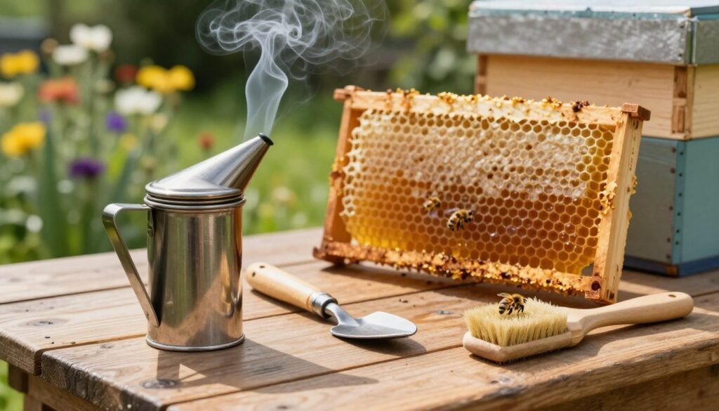 A close-up view of essential beekeeping tools arranged neatly on a rustic wooden table. In the foreground, prominently feature a metal smoker with wisps of smoke curling upward, a hive tool, and a bee brush, emphasizing their textures and details. In the middle ground, a honeycomb frame rests against a hive box, capturing the rich golden hues of honey. The background includes a blurred garden scene filled with blooming flowers, hinting at the vibrant life that supports the bees. Soft, natural lighting enhances the objects, casting gentle shadows and creating a warm and inviting atmosphere, ideal for beekeeping. The composition should convey a sense of harmony and dedication to the craft of beekeeping.