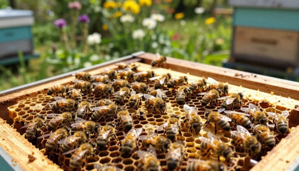 A close-up view of foundationless beekeeping comb, showcasing intricate hexagonal patterns and natural bee activity. In the foreground, the shiny, golden bees work diligently on the comb, creating an organic, robust structure without man-made foundation. In the middle ground, a wooden beehive sits with some frames visible, highlighting the foundationless approach. The background features a garden in soft focus, with blooming flowers attracting pollinators, casting a warm, inviting light across the scene. The atmosphere is vibrant and productive, evoking a sense of harmony with nature. Use natural daylight to create a bright and lively ambiance, captured from a slightly elevated angle to emphasize the comb's structure and activity. The overall mood should feel peaceful and focused on the benefits of natural beekeeping practices.