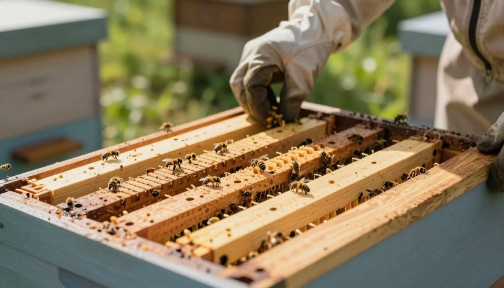 A close-up view of foundationless frames featuring comb guides, positioned prominently in the foreground. The frames are made of natural wood, showcasing intricate details of the comb guides that are ready for installation, with small notches visible for the bees to attach their comb. In the middle ground, a hand with a gloved, professional beekeeper's hand gently adjusts a frame within a well-organized beehive, surrounded by bustling bees. The background highlights a serene outdoor apiary scene with greenery softly blurred, suggesting a sunny day with warm, diffused lighting casting gentle shadows. The mood is focused and industrious, embodying the careful technique of installing the comb guides within the frame.