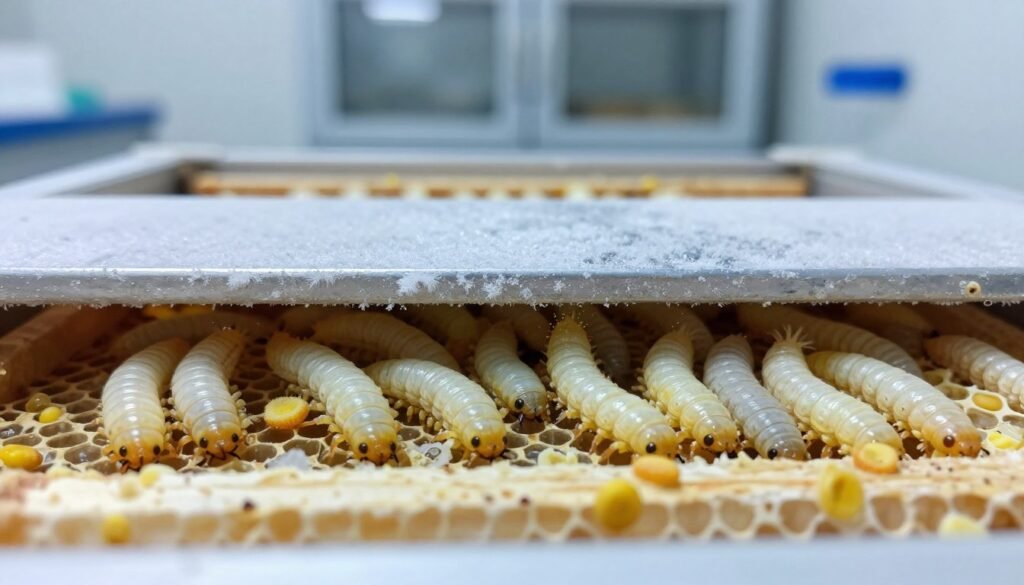 A close-up view of freezing frames containing wax moths in a controlled setting. In the foreground, a detailed view of several wax moth larvae, clearly showing their distinctive features such as pale, elongated bodies and tiny mandibles, surrounded by remnants of honeycomb. The middle layer depicts a frosty environment, with frost crystals forming around the frames, suggesting low temperatures essential for pest control. The background features a blurred, cool-toned room, hinting at a freezer with soft, diffused lighting to evoke a scientific atmosphere. The overall mood is clinical and informative, emphasizing the necessity of freezing in pest management while maintaining a clear focus on the wax moths and their impact on pollen frames. A close-up view of freezing frames containing wax moths in a controlled setting. In the foreground, a detailed view of several wax moth larvae, clearly showing their distinctive features such as pale, elongated bodies and tiny mandibles, surrounded by remnants of honeycomb. The middle layer depicts a frosty environment, with frost crystals forming around the frames, suggesting low temperatures essential for pest control. The background features a blurred, cool-toned room, hinting at a freezer with soft, diffused lighting to evoke a scientific atmosphere. The overall mood is clinical and informative, emphasizing the necessity of freezing in pest management while maintaining a clear focus on the wax moths and their impact on pollen frames.