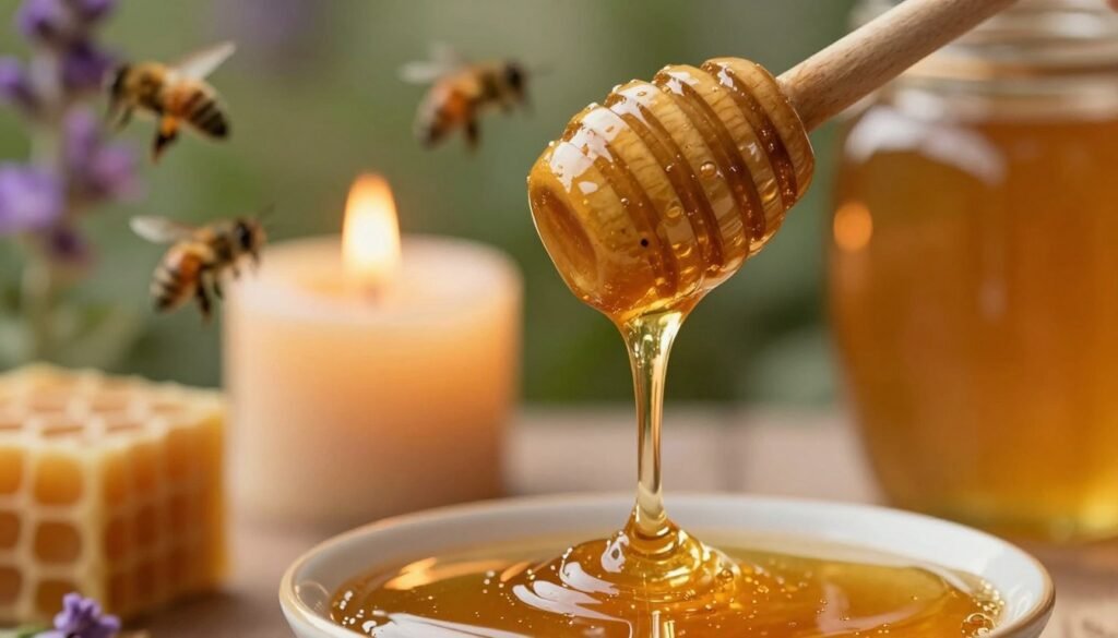 A close-up view of freshly extracted honey flowing from a wooden honey dipper, showcasing its rich golden color and subtle, smoky undertones. In the foreground, the honey glistens, with tiny bubbles reflecting light, emphasizing its viscosity. In the middle, a rustic, beeswax candle flickers softly, adding a warm glow that enhances the smoky essence of the honey while creating a cozy atmosphere. The background features a blurred apiary scene with bees buzzing around fragrant flowers, symbolizing the natural origins of the honey. The lighting is warm and inviting, with a soft bokeh effect to convey a sense of warmth and comfort, suggesting the intriguing nuances of flavor found in honey after extraction. A close-up view of freshly extracted honey flowing from a wooden honey dipper, showcasing its rich golden color and subtle, smoky undertones. In the foreground, the honey glistens, with tiny bubbles reflecting light, emphasizing its viscosity. In the middle, a rustic, beeswax candle flickers softly, adding a warm glow that enhances the smoky essence of the honey while creating a cozy atmosphere. The background features a blurred apiary scene with bees buzzing around fragrant flowers, symbolizing the natural origins of the honey. The lighting is warm and inviting, with a soft bokeh effect to convey a sense of warmth and comfort, suggesting the intriguing nuances of flavor found in honey after extraction.