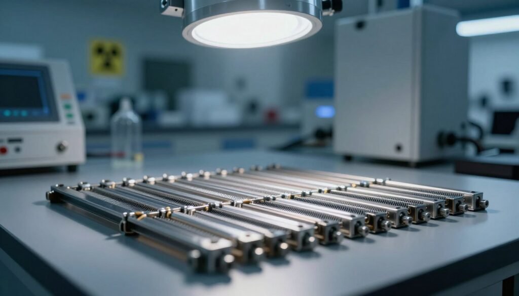 A close-up view of gamma x-ray irradiation combs situated on a sterile lab table. In the foreground, the combs gleam with metallic precision, showcasing intricate details of their design and technical components. The middle ground features a softly illuminated laboratory setting, with shadows cast by overhead lights creating a focused atmosphere around the equipment. A background filled with scientific instrumentation and a faint glow from radiation safety signage emphasizes the high-tech environment. The lighting is cool and clinical, enhancing the professionalism and safety associated with the irradiation process. The overall mood is one of seriousness and innovation, reflecting advanced technology used in the study of bee diseases. A close-up view of gamma x-ray irradiation combs situated on a sterile lab table. In the foreground, the combs gleam with metallic precision, showcasing intricate details of their design and technical components. The middle ground features a softly illuminated laboratory setting, with shadows cast by overhead lights creating a focused atmosphere around the equipment. A background filled with scientific instrumentation and a faint glow from radiation safety signage emphasizes the high-tech environment. The lighting is cool and clinical, enhancing the professionalism and safety associated with the irradiation process. The overall mood is one of seriousness and innovation, reflecting advanced technology used in the study of bee diseases.