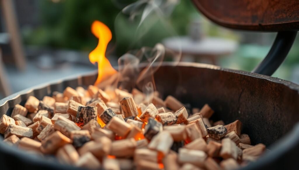 A close-up view of glowing wood pellets burning in a rustic metal smoker, highlighting the rich, warm colors of the flames. The foreground showcases the pellets nestled in the smoker, with the embers radiating a soft, golden glow. In the middle ground, wisps of smoke rise gently, creating a sense of depth and movement, while the background features a blurred outdoor setting with hints of greenery, emphasizing the natural aspect of the fuel. Soft, natural light casts an inviting atmosphere, with the focus sharp on the pellets and flames, suggesting warmth and efficiency. The camera angle is slightly elevated to capture the full dynamic of the burning pellets, evoking a sense of coziness and practicality. A close-up view of glowing wood pellets burning in a rustic metal smoker, highlighting the rich, warm colors of the flames. The foreground showcases the pellets nestled in the smoker, with the embers radiating a soft, golden glow. In the middle ground, wisps of smoke rise gently, creating a sense of depth and movement, while the background features a blurred outdoor setting with hints of greenery, emphasizing the natural aspect of the fuel. Soft, natural light casts an inviting atmosphere, with the focus sharp on the pellets and flames, suggesting warmth and efficiency. The camera angle is slightly elevated to capture the full dynamic of the burning pellets, evoking a sense of coziness and practicality.
