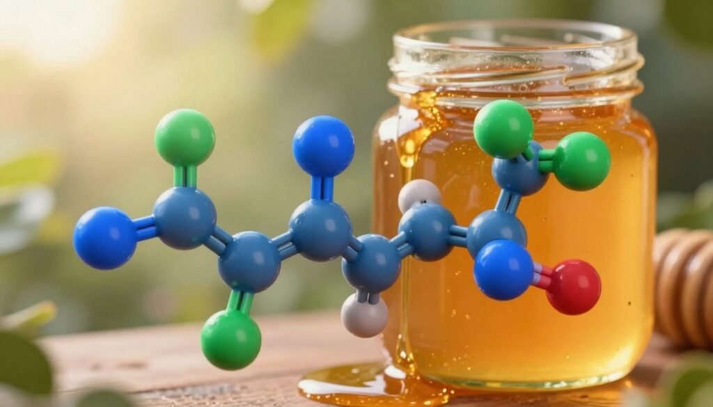 A close-up view of glucose and fructose molecules, artistically represented in a vibrant and educational manner. In the foreground, the colored molecular structures are depicted in bright, contrasting hues—glucose in a rich blue and fructose in a vivid green—showcasing their unique shapes and bonds. The middle ground features a soft-focus honey jar, partially crystallized, with golden honey oozing from its edges, symbolizing the crystallization process. The background is a blurred natural setting, suggesting an organic environment, with gentle sunlight filtering through leaves, giving an uplifting, warm atmosphere. The lighting is soft and inviting, highlighting the textures of the molecules and honey, while the overall mood conveys a sense of curiosity and scientific exploration. No text or overlays are included. A close-up view of glucose and fructose molecules, artistically represented in a vibrant and educational manner. In the foreground, the colored molecular structures are depicted in bright, contrasting hues—glucose in a rich blue and fructose in a vivid green—showcasing their unique shapes and bonds. The middle ground features a soft-focus honey jar, partially crystallized, with golden honey oozing from its edges, symbolizing the crystallization process. The background is a blurred natural setting, suggesting an organic environment, with gentle sunlight filtering through leaves, giving an uplifting, warm atmosphere. The lighting is soft and inviting, highlighting the textures of the molecules and honey, while the overall mood conveys a sense of curiosity and scientific exploration. No text or overlays are included.