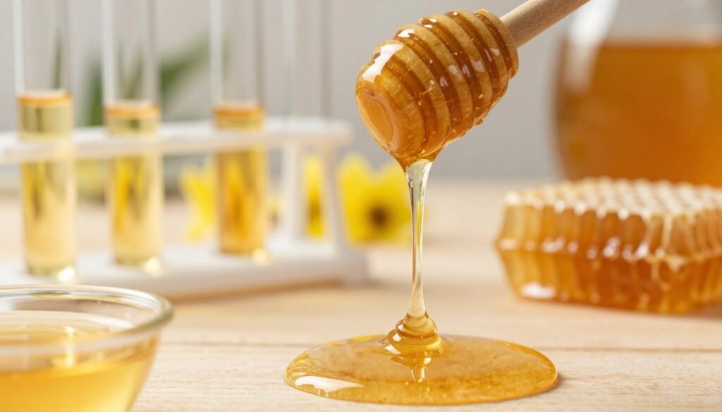 A close-up view of golden honey being poured from a honey dipper, highlighting its viscous texture and glistening surface, representing enzyme activity in honey. In the foreground, droplets of honey fall onto a wooden surface, catching the light and creating reflections. In the middle ground, small glass test tubes filled with clear liquid, symbolizing scientific analysis, are arranged alongside honey samples, with a blurred background of honeycomb structures and yellow flowers. Soft, natural lighting illuminates the scene, creating a warm and inviting atmosphere. The angle captures the dynamic movement of honey, emphasizing its quality and purity, evoking a sense of curiosity and appreciation for this natural product.
