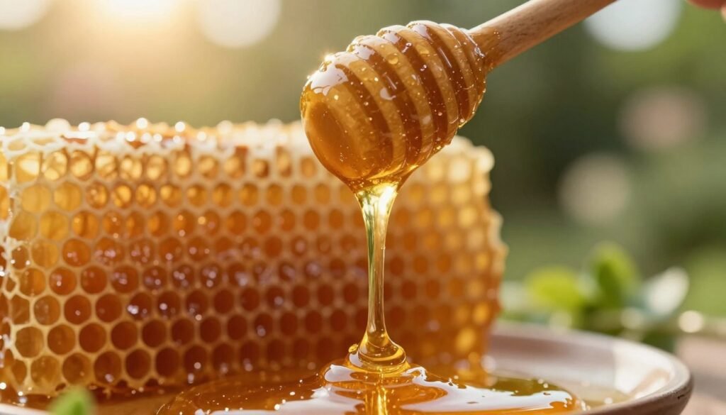 A close-up view of golden honey drizzling slowly from a wooden dipper, capturing the rich texture and moisture content of the honey. In the foreground, the honey exhibits a glossy sheen with small droplets reflecting light. The middle ground shows a backdrop of honeycomb with intricate hexagonal patterns, slightly blurred to emphasize the honey in focus. The background features a soft-focus garden environment with gentle green hues, suggesting a natural habitat for bees. The lighting is warm and inviting, reminiscent of a late afternoon sun casting a soft glow. The atmosphere is one of warmth and richness, conveying the essence of honey as a natural, moisture-rich substance. The lens should mimic a shallow depth of field for a dreamy quality. A close-up view of golden honey drizzling slowly from a wooden dipper, capturing the rich texture and moisture content of the honey. In the foreground, the honey exhibits a glossy sheen with small droplets reflecting light. The middle ground shows a backdrop of honeycomb with intricate hexagonal patterns, slightly blurred to emphasize the honey in focus. The background features a soft-focus garden environment with gentle green hues, suggesting a natural habitat for bees. The lighting is warm and inviting, reminiscent of a late afternoon sun casting a soft glow. The atmosphere is one of warmth and richness, conveying the essence of honey as a natural, moisture-rich substance. The lens should mimic a shallow depth of field for a dreamy quality.