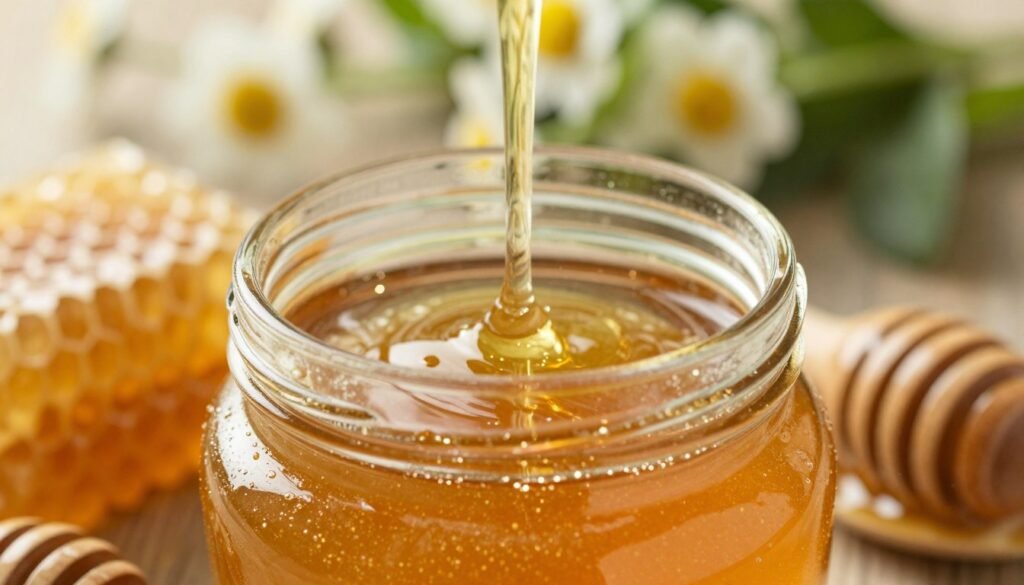 A close-up view of golden honey settling in a glass jar, showcasing the viscous texture and rich color as it slowly separates from any impurities. The foreground features a clear jar filled with honey, capturing the light to create a shimmering effect on its surface. In the middle, honeycombs and a wooden dipper are artfully placed, hinting at the source of the honey. The background consists of soft-focus flowers and greenery to evoke a natural and organic setting. The lighting is warm and natural, illuminating the honey jar in a cozy kitchen atmosphere. The camera angle is slightly tilted downward to emphasize the settling process, illustrating the purity and quality of the honey. The overall mood is calming and inviting, reflecting the artisanal nature of honey production.