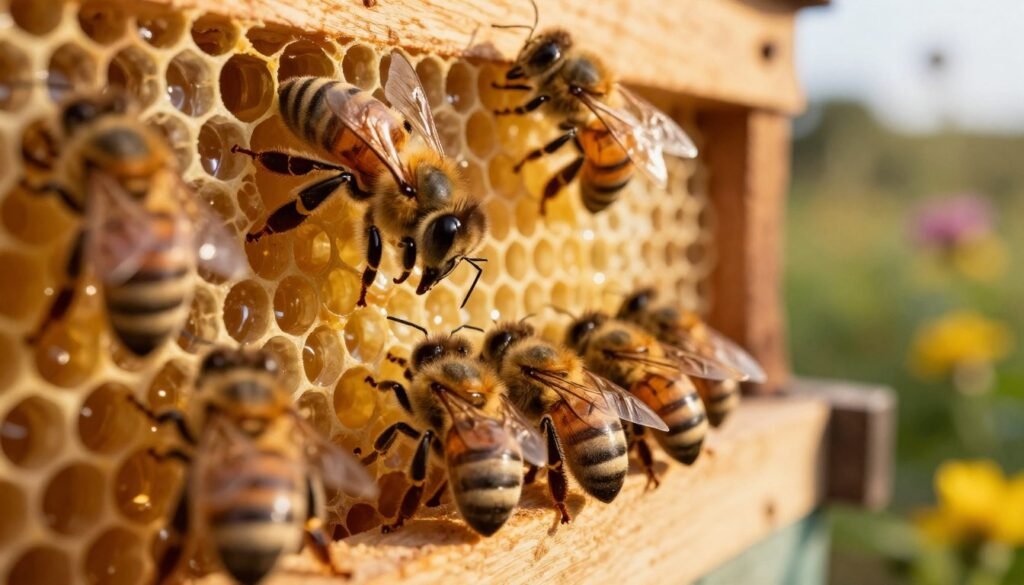 A close-up view of guard bees in a beehive, showcasing their vigilant defense posture. In the foreground, several bees are perched protectively at the entrance, their large, detailed eyes scanning for threats, showcasing their muscular bodies and shiny, striped abdomens. In the middle ground, honeycomb structures filled with honey and brood glow warmly under soft natural light, creating an inviting atmosphere. In the background, the blurred silhouette of a garden filled with flowers hints at the bees' environment. The composition should evoke a sense of alertness and industriousness, with a focus on the bees' role as guardians of the hive. The lighting should be warm and natural, simulating the golden hours of sunrise or sunset to enrich the colors and create an engaging mood. A close-up view of guard bees in a beehive, showcasing their vigilant defense posture. In the foreground, several bees are perched protectively at the entrance, their large, detailed eyes scanning for threats, showcasing their muscular bodies and shiny, striped abdomens. In the middle ground, honeycomb structures filled with honey and brood glow warmly under soft natural light, creating an inviting atmosphere. In the background, the blurred silhouette of a garden filled with flowers hints at the bees' environment. The composition should evoke a sense of alertness and industriousness, with a focus on the bees' role as guardians of the hive. The lighting should be warm and natural, simulating the golden hours of sunrise or sunset to enrich the colors and create an engaging mood.