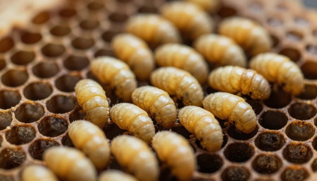 A close-up view of healthy bee larvae nestled in naturally dark, waxy honeycomb cells, showcasing their creamy, pale yellow color and plump appearance. The foreground features meticulously arranged larvae with a glossy surface glistening under warm, natural light, highlighting their vitality. The middle ground displays the surrounding honeycomb structure, with soft textures and subtle shadows that accentuate the larvae's shape. In the background, there are blurred hints of the hive, suggesting a bustling environment without distraction. The mood is calm and informative, evoking a sense of life and health, perfect for discerning the vibrant appearances of thriving brood. The image should be well-lit with a soft focus effect, mimicking a macro lens to capture intricate details.