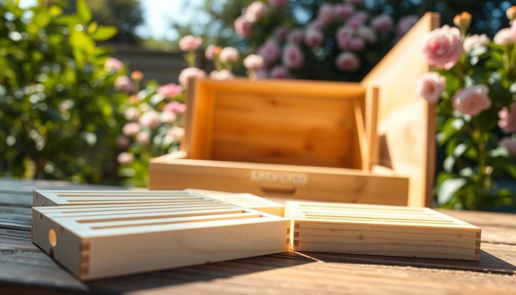 A close-up view of high-quality frame spacers designed for 10-frame beehives, arranged neatly on a wooden surface. The foreground showcases a detailed examination of the spacers, highlighting their precision cuts and durable material, with soft shadows creating depth. In the middle, display a partially assembled beehive box, emphasizing the spacers' functionality within the structure. The background features a blurred garden setting with blooming flowers, suggesting a sunny day, enhancing the outdoor atmosphere. The lighting is warm and natural, filtering through the leaves, creating a serene and inviting mood. The angle is slightly tilted, providing a dynamic perspective of the spacers in context.