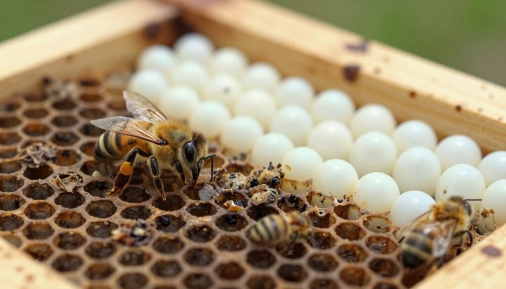 A close-up view of honey bee brood cells exhibiting signs of American Foulbrood. The foreground highlights several brown, sunken, and dried-out larval remains in the hexagonal wax cells, emphasizing their distinctive dark coloration. In the middle ground, healthy brood cells with vibrant, pearly white eggs contrast sharply against the infected ones, showcasing the difference for clear visual analysis. The background features a blurred hive frame, softly illuminated by natural daylight, creating a warm yet clinical atmosphere conducive for inspection. This image should evoke an educational mood, reflecting a thorough understanding of bee health and disease recognition, captured with a macro lens from a slightly elevated angle for depth and clarity. No text or overlays should be present.