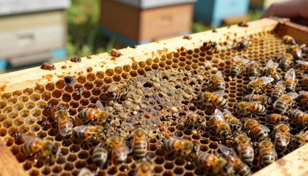 A close-up view of honey bee brood frames, highlighting various abnormalities in brood patterns. In the foreground, focus on irregularly shaped cells with uneven larvae, some appearing unhealthy or missing. The middle section displays a full frame of honeycomb, contrasting healthy brood with signs of disease, such as sunken or discolored cells. The background consists of a blurred apiary setting with beehives, providing context to the scene. Natural sunlight casts warm, soft lighting over the frame, accentuating the details of the brood cells. The atmosphere conveys a sense of urgency and importance, inviting viewers to examine honey bee health closely. The lens captures intricate textures and colors, showcasing the vital role of brood health in an apiary.