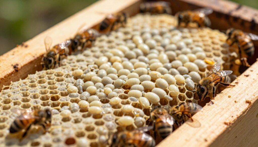 A close-up view of honey bee brood in a wooden beehive frame, showcasing the delicate, hexagonal wax cells filled with creamy white larvae ready to develop into bees. The foreground features intricate details of the cappings, some perforated, revealing the healthy, developing brood inside. The bees are seen gently tending to the brood, creating a harmonious, busy atmosphere. The middle ground focuses on the texture of the cappings and the larvae, with a slight sheen reflecting natural sunlight filtering through the hive. The background is softly blurred, suggesting the hive environment while enhancing the main subject. Use natural warm lighting, with a shallow depth of field to emphasize the brood's anatomical details and the bees' nurturing behavior. The overall mood is one of vitality and life, highlighting the importance of healthy brood development.