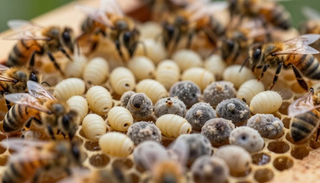 A close-up view of honey bee brood within their natural hive environment, showcasing both healthy and infected larvae to illustrate chalkbrood and sacbrood infections. In the foreground, focus on the distinct features of the larvae, highlighting the differences in texture and color—healthy larvae appearing plump and creamy, while the infected ones show signs of fungal growth and discoloration. The middle layer should display the honeycomb structure, glistening with beeswax. In the background, include blurred silhouettes of worker bees tending to the brood, creating a sense of activity. The lighting should be soft and diffused, resembling natural sunlight filtering through the hive, evoking a calm, yet informative atmosphere that emphasizes the importance of bee health. Use a macro lens perspective to capture intricate details.