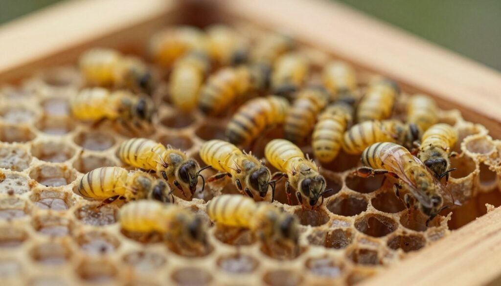 A close-up view of honey bee larvae affected by sacbrood virus, showcasing distinct symptoms such as yellowed, elongated bodies and a muted, droopy appearance. In the foreground, a few infected larvae are lying on a honeycomb cell, with a sharp focus that highlights their abnormal shape. In the middle ground, a healthy segment of honeycomb contrasts with the infected area, showing vivid, robust larvae. The background features a softly blurred beehive, with warm, natural lighting illuminating the scene, creating a sense of urgency and concern. Capture this somber mood through subtle shadows, emphasizing the critical assessment of prognosis for infected colonies. The image should be detailed yet devoid of any distracting elements, presenting an informative and professional depiction.
